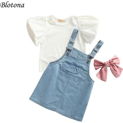 Blotona 3Pcs Little Girls Outfit, Summer Sweet Solid Color O-Neck Puff Short Sleeve Tops + Bow +Denim Suspender Skirt, 1-8Years