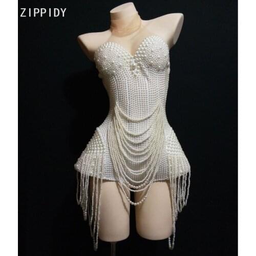 White Pearls Beading Bodysuit Jazz Dance Outfit Evening Stage Show Costume Prom Birthday Bar Women Singer Clothes