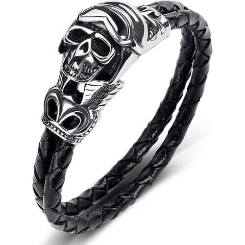 Punk Rock Genuine Leather Handchain Bracelet Men Stainless Steel Skull Braided Male Wristbands Skeleton Jewelry Bangles P519