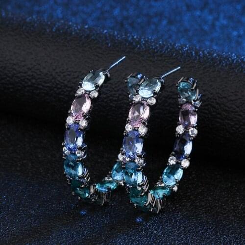 OMYFUN Newest Luxury Hoop Earrings Multi Colored Crystal Glass Brincos Silver Gold Black Semijoyas Wedding Bridal Jewelry E003
