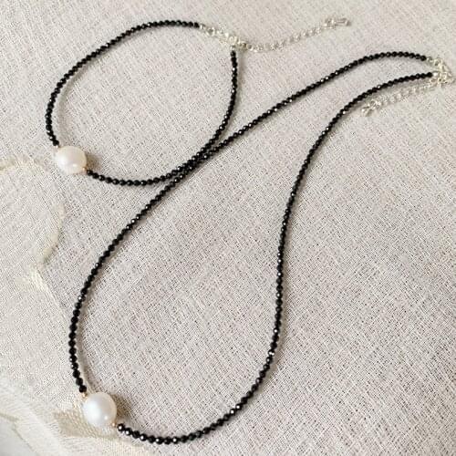 Reiki Healing Jewelry 2mm Small Black Obsidian Stone Choker Necklace White Baroque Pearl Charm Natural Freshwater Pearl Necklace