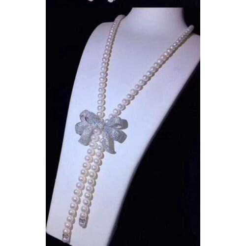 Free shipping Long bow sweater chain lapis lazuli pearl necklace bow tassel CZ Pendant 925 silver