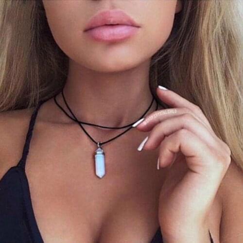 Hexagonal Column Necklaces Natural Crystal Pendants Stone Pendant Vintage Bohemian Leather Chains Necklace for Women Jewelry