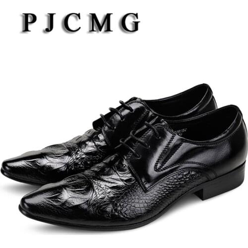PJCMG High Quality Spring/Autumn Black/Red/Brown Genuine Leather Flat Oxford Lace-Up Crocodile Style Dress Wedding Shoes For Men