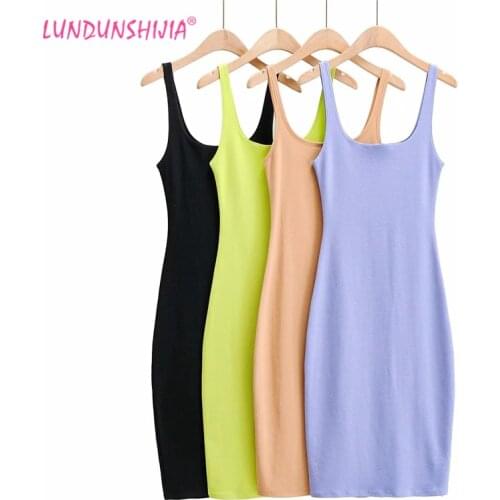 LUNDUNSHIJIA Summer Women Fashion Long Style Spaghetti Strap Dress Ladies Sexy Sleeveless Slim Split Jumper Dresses Vestidos