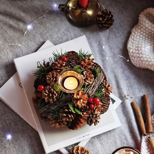 Christmas Pine Needles Branch Candlestick Wreath Window Decoration Candle Holders Furnishing Candlelight Pine Glass Ornament