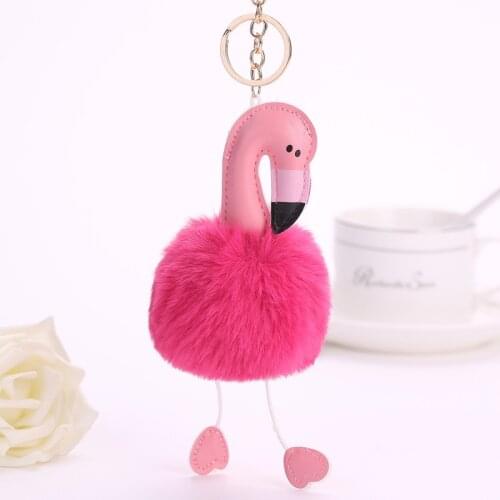 Handmade Cute Pompon Women Bag Pink Flamingo Keychain Bunny Fur Keychain Charm Handbag Pendant Accessories Boutique Gift