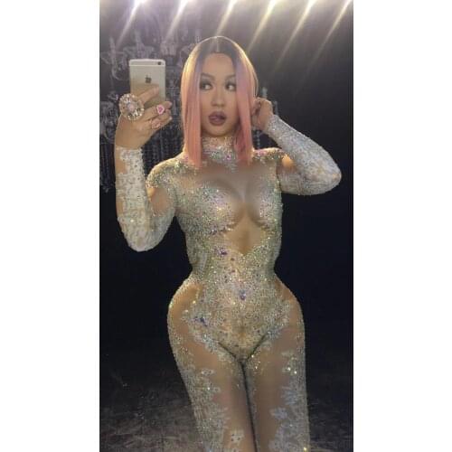 Sexy Rhinestones Sparkly Jumpsuit Fashion Sexy Nude Big Stretch Dance Costume One-piece Bodysuit Birthday Outfit Party Leggings