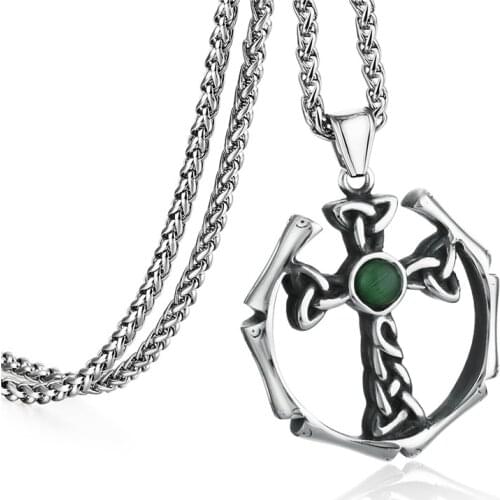 Vintage Stainless Steel Celtic Cross Irish Green Opal Pendant Necklace for Women Men Ancient Viking Jewelry Gifts