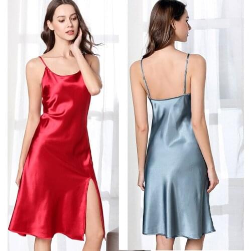 Womens Sleepwear Female Sexy Side Split Spaghetti Strap Nightgown Plus Size S-XL Rayon Nightdress Robe Dress Gown Solid Dress