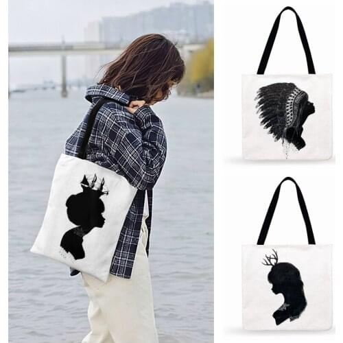 Ladies Shoulder Bag Girl Silhouette Art Painting Print Tote Bag For Women Casual Tote Foldable Shopping Bag Outdoor Beach Tote