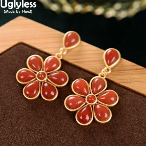 Uglyless Blooming like a Flower Earrings for Women Luxury Natural Agate Floral Party Dress Jewelry Gold Real 925 Silver Studs
