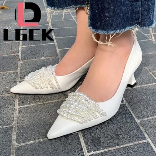 Plus Size 34-43 Top Quality Classical Design Thin High Heels Women Pumps Pearl Decoration Fashion Dress Party Wedding Pumps Shoe