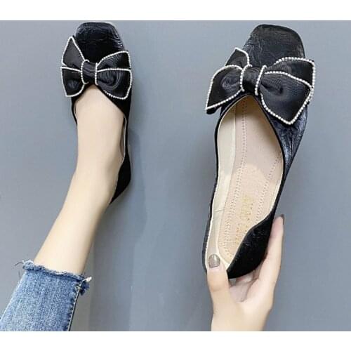 Women Flats 2021 New Silk Slip on Boat Shoes Square Toe Ladies Shoes Bowtie Ballet Flats Black White Pink Zapatos Mujer 9327L