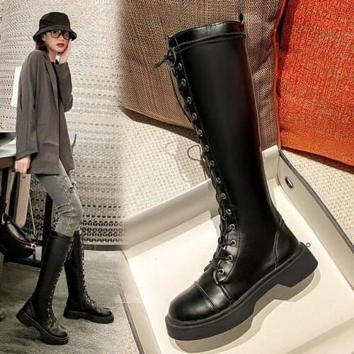 Womens High Boots, British Style Riding Boots, Black Cool Platform Motorcycle Boots (Height 3cm 1.18inches, Lace-up, Leather)