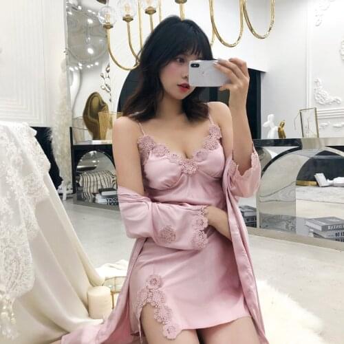Women Robe Gown Sets 2 Pieces Sets Spring Autumn 2019 Sleepwear Female Sexy Ladies Nightwear Lace Casual Nightdress