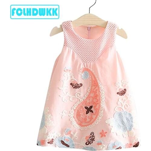 FCLHDWKK 2019 Pretty Little Dresses Girl Baby Flower Print Dress Summer Sleeveless Embroidery Pink Party Wedding Summer Dress