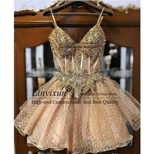 2021 Champagne Beaded Crystals Homecoming Dresses Spaghetti A Line Lace Graduation Dress Short Sexy Cocktail Party Gowns