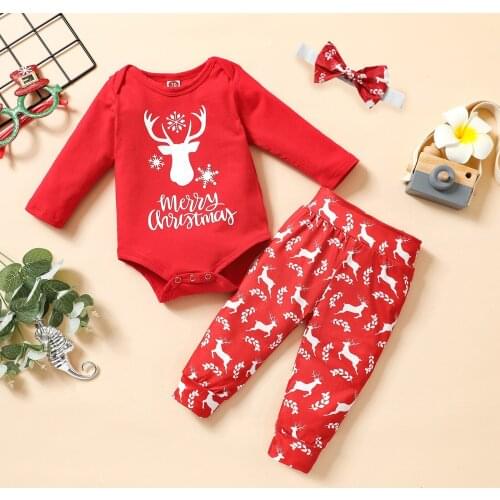 0-18M Newborn Baby 3Pcs Christmas Outfits Reindeer Letter Long Sleeve Romper + Long Pants + Headband Autumn Casual Clothes Set