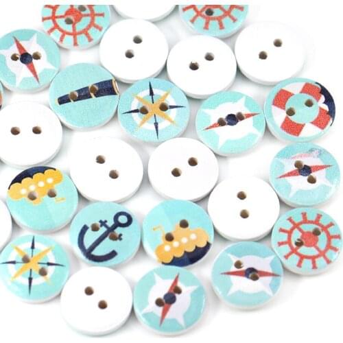 50Pcs Sky Blue Button 2-Holes Anchor Wood Buttons For Clothes Mixed Ocean Decorative Buttons Sea Sailor Anchor Series DIY Crafts