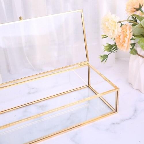 94PF Golden Vintage Glass Lidded Box Edge Bracelet Keepsake Decorative Jewelry Display Personalized Large Clear Rectangle Box