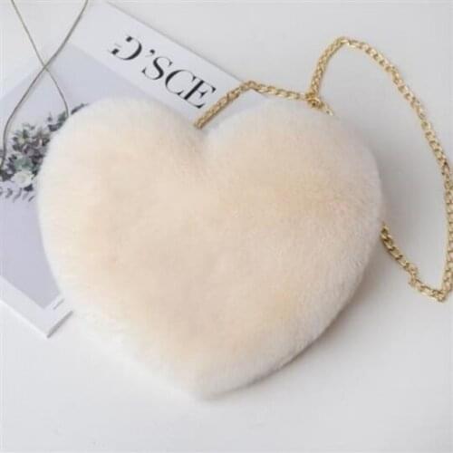 Beige Lady Faux Fur Women Bag Winter Chains Love Shaped Girls Princess Trendy Furry Plush Crossbody Casual Soft Ins Women Bags