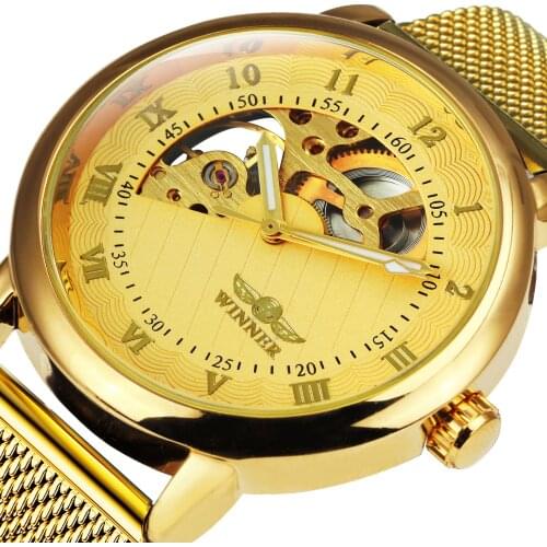 WINNER Vintage Gold Mechanical Mens Watches Half Cover Skeleton Dial Mesh Strap Watch For Men Brand Luxury Fashion Male Watch