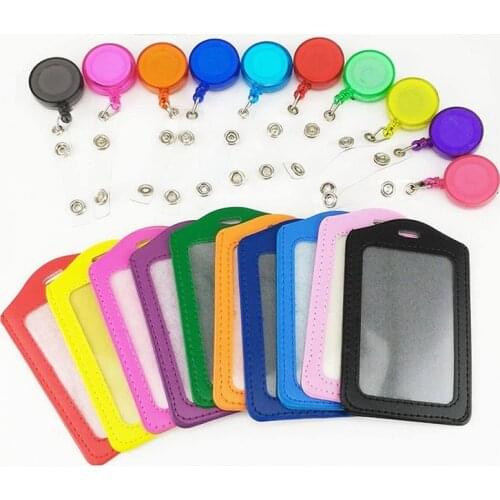 Colorful ABS Easy Pull Retractable Badge Holder PU Leather ID Card Holder Badge ID Holder School Supplies