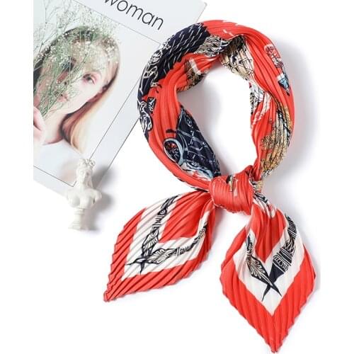 Designer Pleated Square Scarf Silk Hair Band Women Crinkle Scarfs for Ladies Fashion Print Neck Scarves