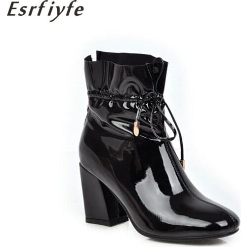 ESRFIYFE 2020 New Autumn Winter Ankle Boots Women Solid Female Square Heels Square Toe Botas Zipper Classic Shoes Ladies Boots