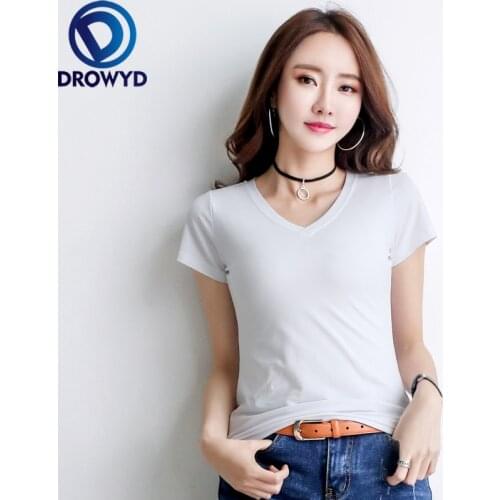 Summer Women White T-shirt Brand Cotton Slim Stretch T Shirts 2021 Female V-Neck Short Sleeve Tshirts Casual Loose Solid Tops