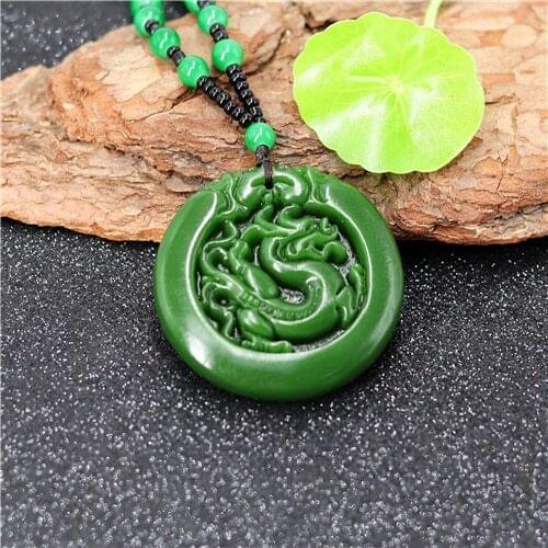 CHINESE GREEN JADE DRAGON PENDANT NECKLACE CHARM JEWELLERY FASHION ACCESSORIES HAND-CARVED MAN AHD WOMAN LUCK AMULET GIFTS
