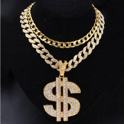 Hip Hop Rapper Big Dollar Money Pendant & 18" Iced Out CZ Miami Curb Cuban Choker Chain & 16'' Cuban Chain Necklace Jewelry Set