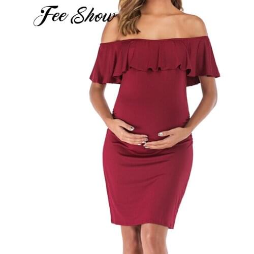 Maternity Dresses For Photo Shoot Women Pregnancy Off Shoulder Ruffles Solid Nursing Maternity Dress Photography Props Clothes