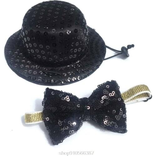 Small Dog Black Sequined Cylinder Top Hat with Bow Tie Set Costume Pet Festive Decor Collar Accessories N06 20 Dropshipping