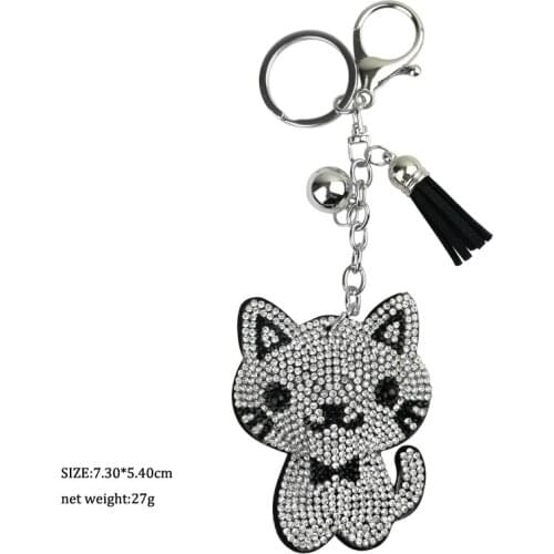 Cute cat with good quality wholesale 6 color new fashion charm key chain pendant rhinestone cat leather keychain
