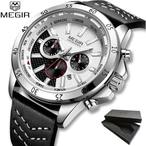 2019 MEGIR Men Watches Brand Luxury leather Strap Waterproof Sport Quartz Chronograph Military Watch Men Clock Relogio Masculino