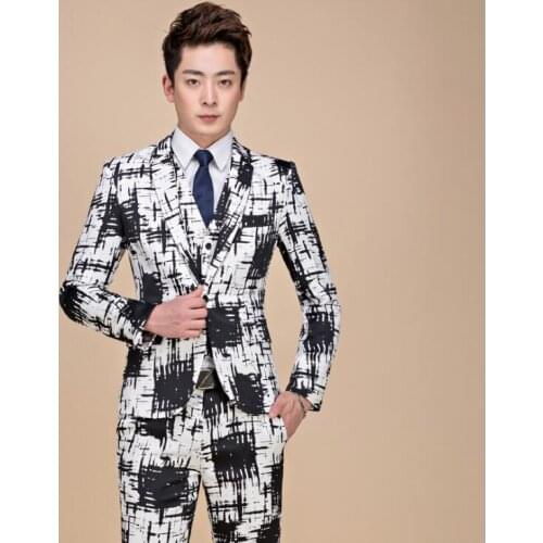 Singer star style dance stage clothing for men groom suit set 2020 mens wedding suits costume printing formal dress black white
