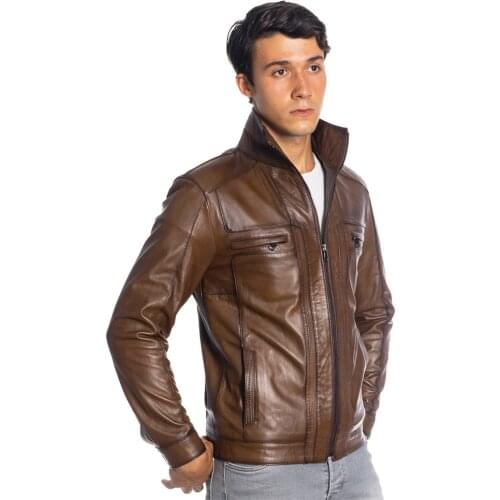 Genuine Soft Leather Handmade Brown Man Jacket Biker Style High Quality Lambskin Metal Zipper Autumn Gift For Valentines Day