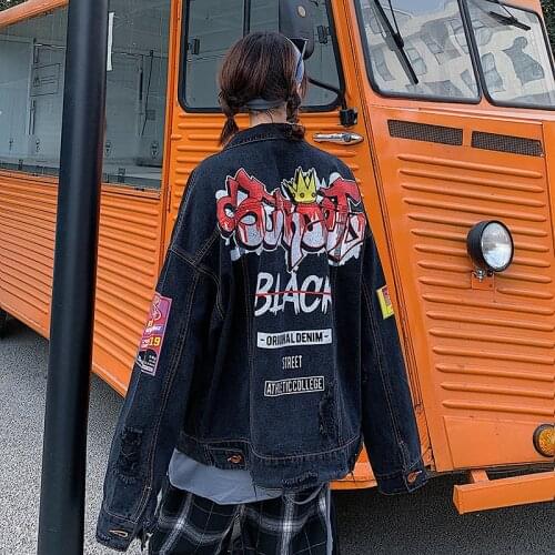 2020 Spring New Model Fashion Personality Contrast Printed Letter Frayed Jeans Coat