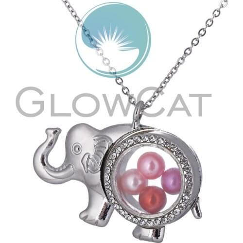 Lucky Animal Elephant Rhinestone Necklace Glass Photo Locket Pearl Cage Pendant 50cm Steel Chain Necklace