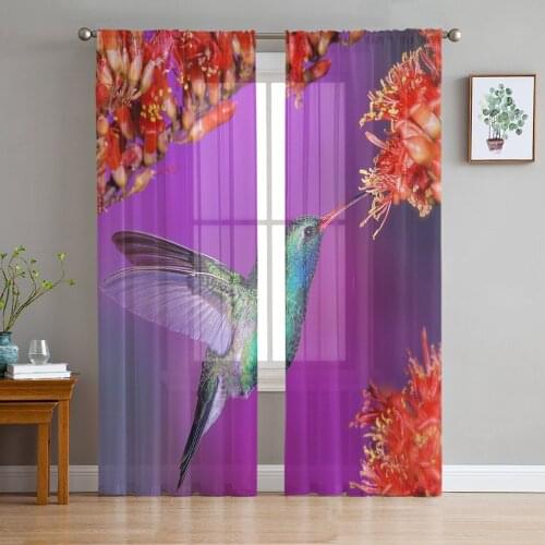 Retro Flower Hummingbird Sheer Curtains for Living Room Bedroom Tulle Window Drapes for Kitchen Decoration