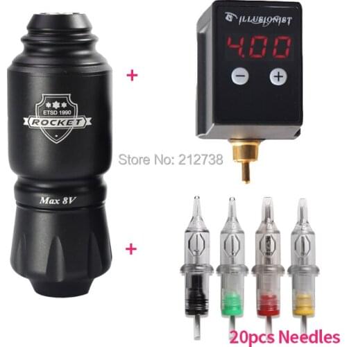 Rocket Mini Short Tattoo Pen Rotary machine with Wireless Mini Tattoo Power RCA Connector Mix 20pcs Cartridge Needles