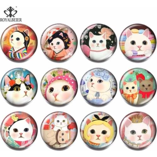 Royalbeier 12pcs/lot Cute Cat Snap Buttons Multi-color Cute Cat Patten 18mm Cabochon Glass Button Women Bracelet accessories