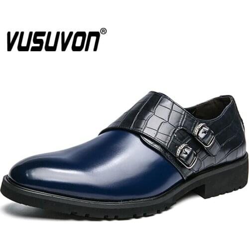 Men Loafers Shoes Slip On Double Monk Strap Blue Black Boys Casual Fashion Dress Office Business Wedding Genuine Leather