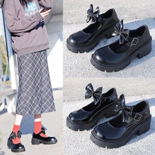 Waterproof Platform Shoes Japanese Vintage High Heels College Student Casual Shoes Woman Cosplay Bow Knot Women Shoes Plus Size