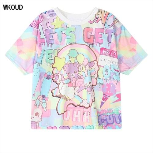 WKOUD Womens Harajuku Letters Printed T-shirts Fashion Loose Character T Shirt Elastic Short Sleeve Tops Fashion Tees T2452