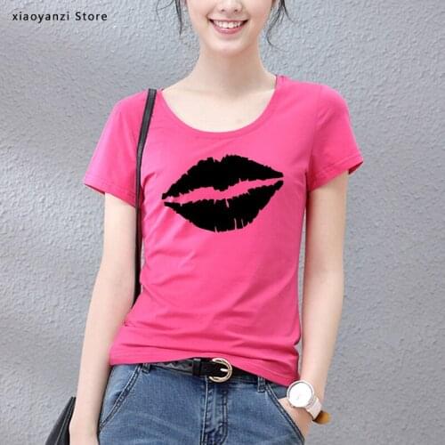 Pretty and cute Red white black Lips Print Women t shirt Summer Casual Short Sleeve O Neck t-shirt Ladies 5 colours TShirt Top