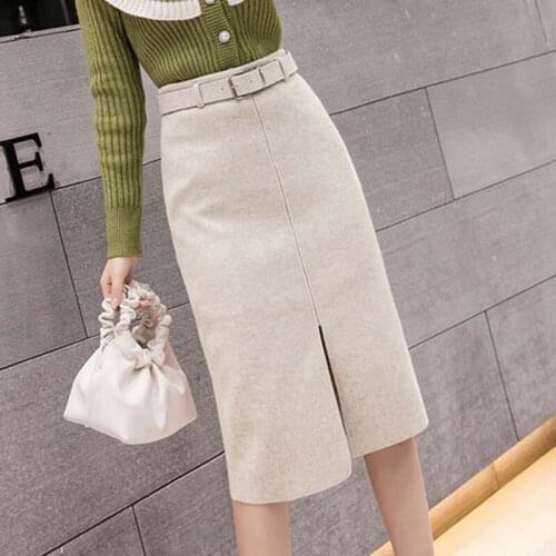 Elegant Woolen Skirt Women Autumn Winter High Waist Wrap Hip Split Skirts With Sashes Office Lady Thin Knee Length Pencil Skirts