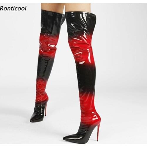 Ronticool 2021 Women Winter Shiny Over The Knee Boots Back Zipper Stiletto Heels Pointed Toe Gradient Red Party Shoes Size 5-15